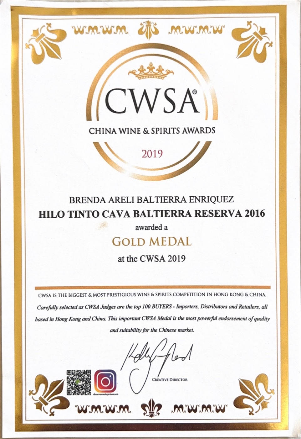 Medalla de oro CWSA 2019